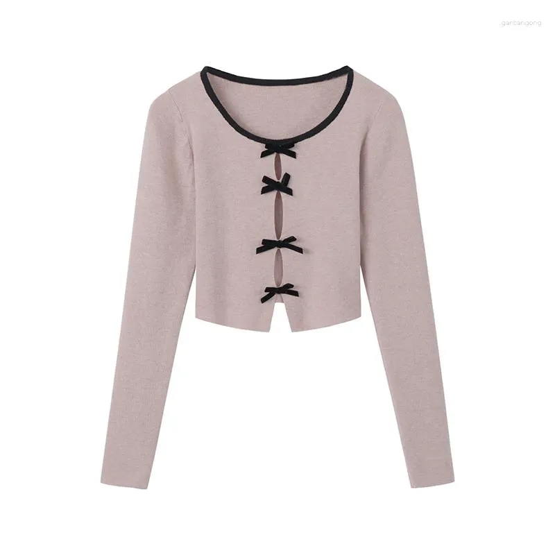 Women's Knits Bow Pink Sweater Women's Early Spring Inner Design Short French Top White Cardigan Summer