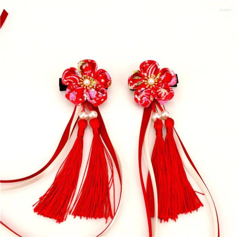Japanese Kanzashi Hair Accessories for Yukata Kimono, Sakura Blossom Hairpins with Tassels and Ribbons, Pink and Red Flowers (HW029) Japanese Kanzashi Hair Accessories for Yukata Kimono, Sakura Blossom Hairpins with Tassels and Ribbons, Pink and Red Flowers (HW029)