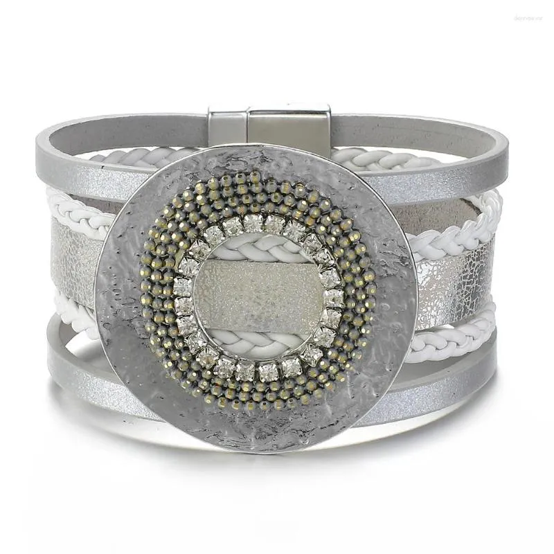 Bracelets porte-bonheur ALLYES Boho grand disque incrusté strass Bracelet en cuir pour femmes multicouche tressé Wrap large fête bijoux