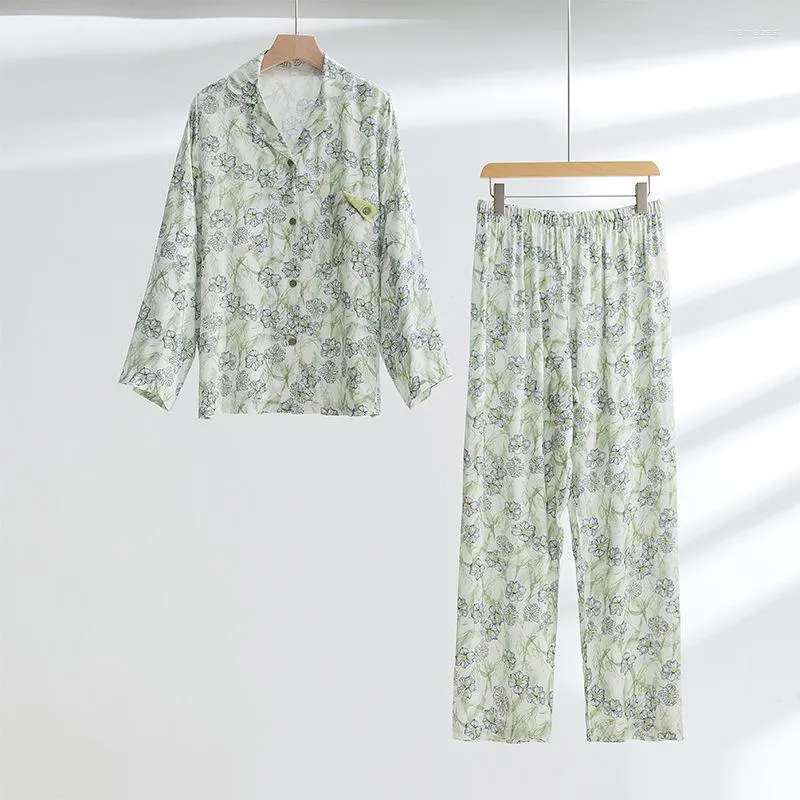 Women's Sleepwear Green Color Floral Printed Women Pajamas Set For 2023 Spring And Autumn Long Sleeve Artistic Loose Pijamas Feminino