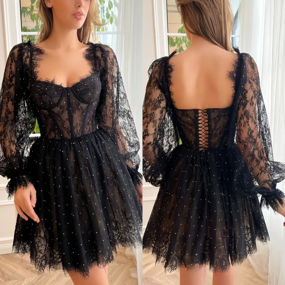 Sweet Black Short Homecoming Dresses spets uppåt långa ärmar Lace Mini Cocktail Homecoming Dress A Line