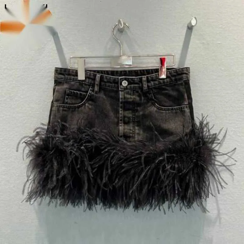 Waist High Skirts LXUNYI Denim Skirt Women Fashion Vintage Sexy Feather Patchwork Mini Short Jean Skirts Ladies Runway Mini Skirt