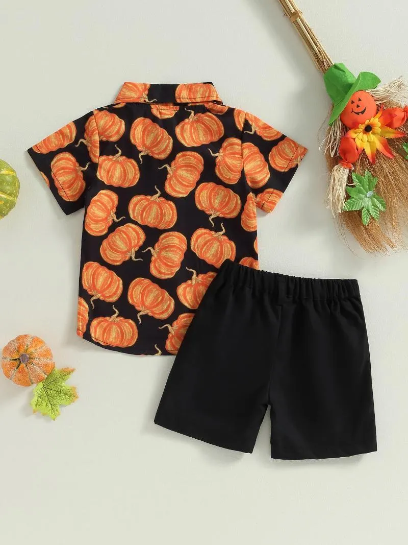 Kledingsets Schattige 2-delige Halloween-kledingset voor peuterjongens - Gentleman Pumpkin Revers T-shirt Top met korte broek Broekoutfit