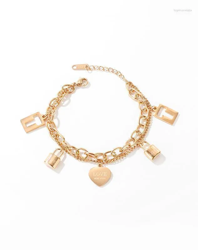 Charm Pulseiras de Aço de Titânio Pulseiras Para Mulheres Design de Camada Dupla Bloqueio Concêntrico Love Rose Gold Gift Raym22