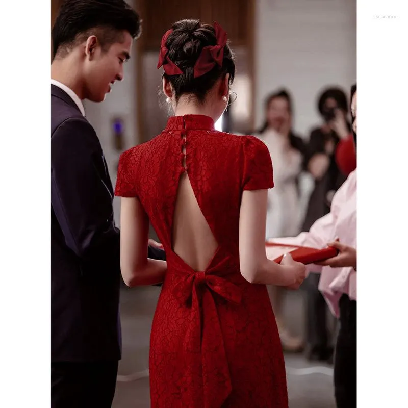 Vêtements ethniques élégant bordeaux Vintage amélioré Qipao robes de mariée mariée à manches courtes dos nu robe de bal de fête