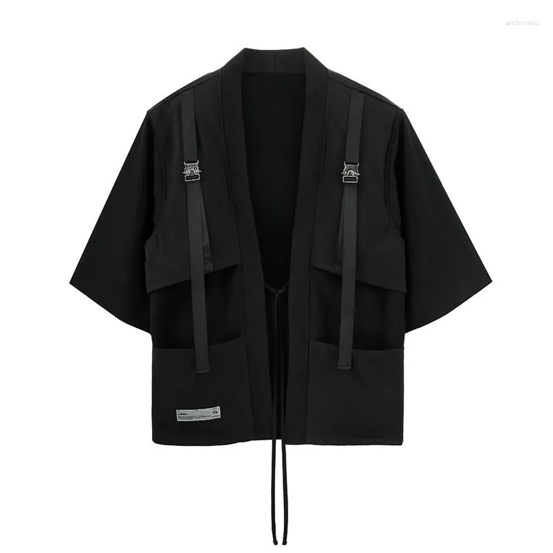 Men's Jackets Amekaji Japan Style Men Kimono Jacket With Ribbons 2023 T/R Material Stand Collar Loose Japanese Haori Black / Gray