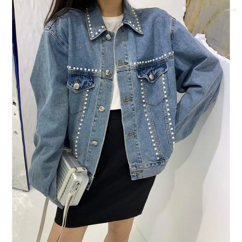 Kvinnors jackor 11.11 Autumn Winter Fashion Heavy Industry Brodery Pearl Decoration kort denimjacka