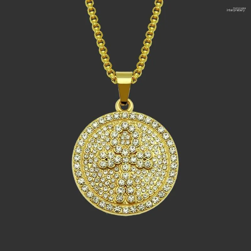 Pendentif Colliers Hip-Hop Style Hommes Collier Avec Disque Doré Croix Motif Incrusté Strass Cristal Chaîne Hommes Bijoux