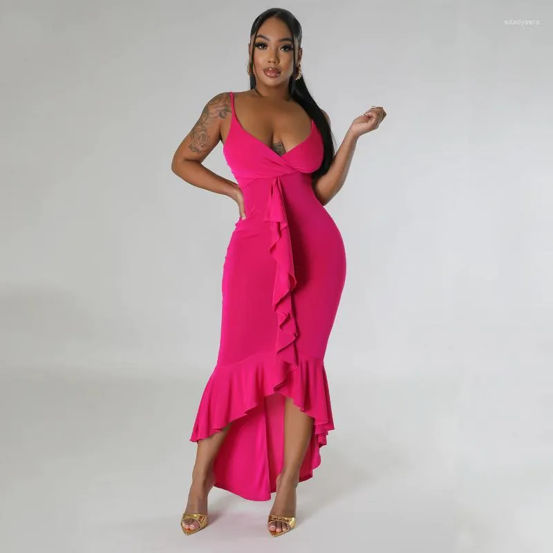 Casual Dresses Elegant Fashion Strap V Neck High Waist Corset Ruffle Irregular Evening Long Dress Gown Summer Women Sexy Bodycon Party