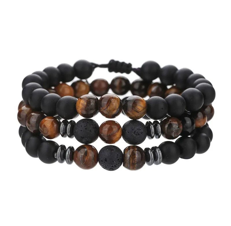 Pulseiras de pedra natural 8 mm feitas à mão com miçangas Conjunto de 3 peças Jóias de yoga para clube de festa masculino