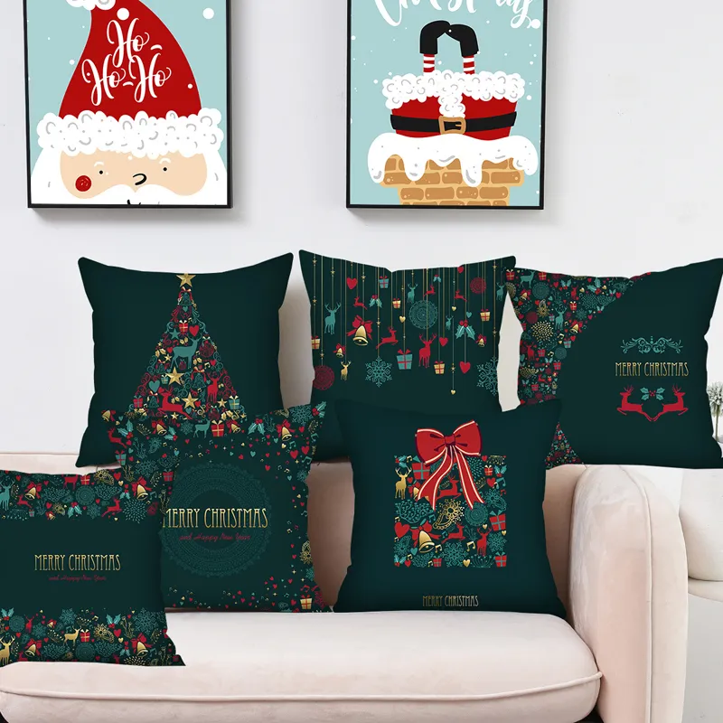 Funda de almohada roja y verde de Navidad, funda de almohada con estampado de alce de árbol de Navidad, fundas de cojín de piel de melocotón, decoración de sofá para el hogar TH0314