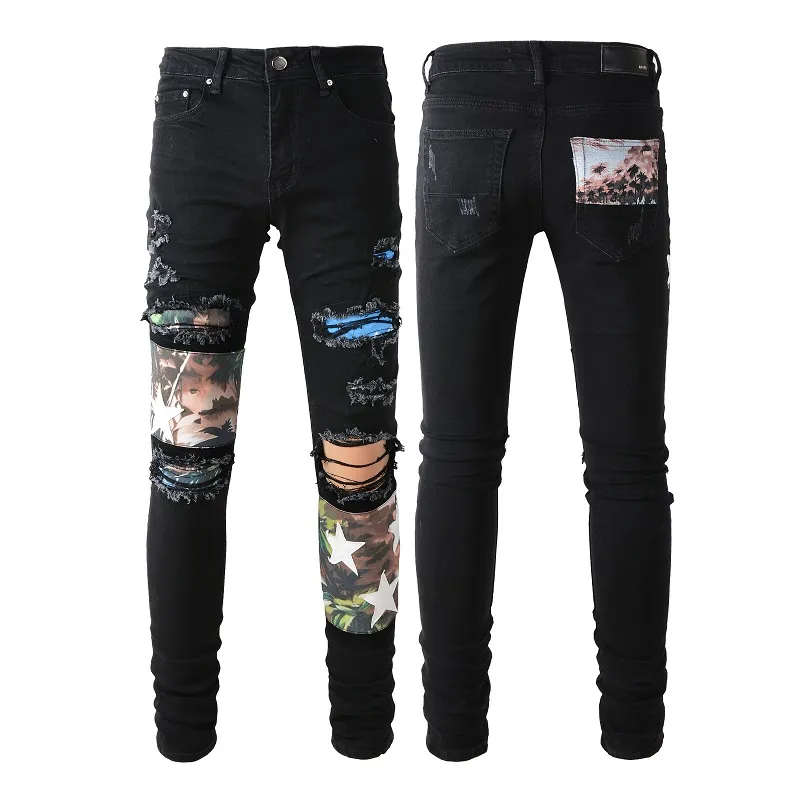 Mens Jeans For Guys Rip Slim Fit Skinny Man Pants red Star Patches Wearing Biker Denim Stretch Cult Stretch Motorcycle Trendy Long Straight Hip Hop With Hole BlueWS4D
