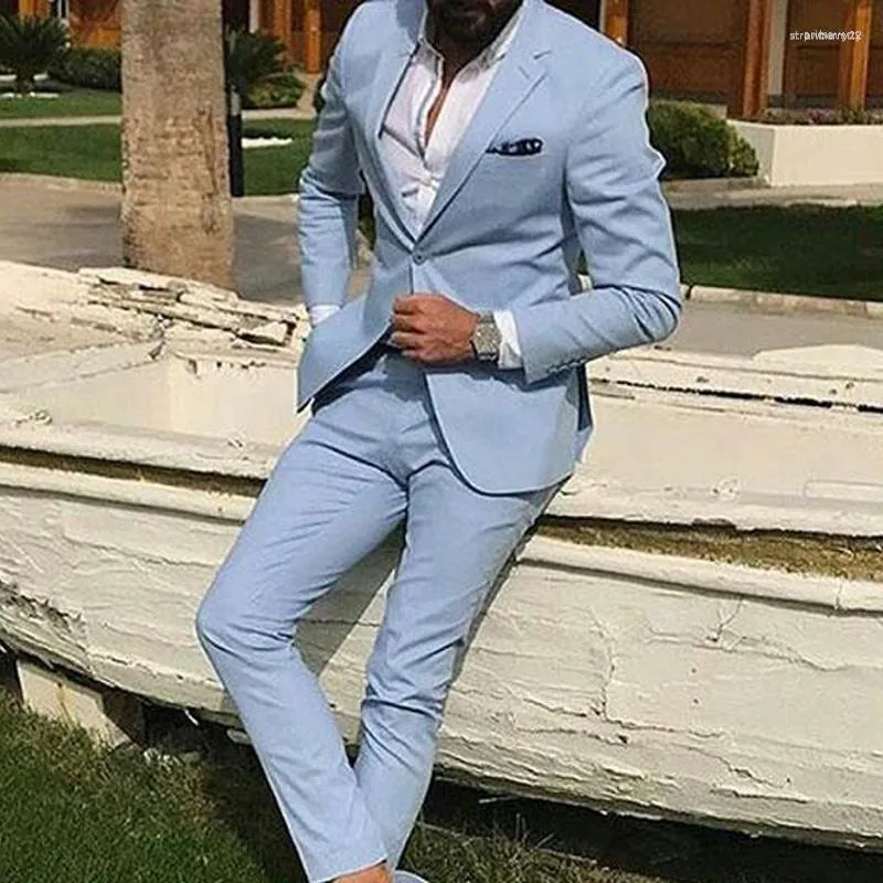 Costumes pour hommes bleu clair Slim Fit hommes pour bal 2 pièces mariage veste de smoking avec pantalon mâle mode décontracté garçons d'honneur Costume