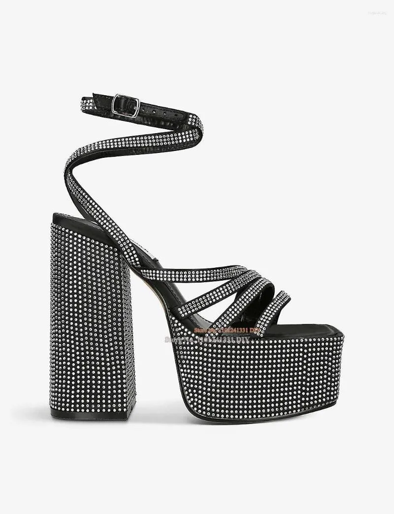 Sandália preta cristal plataforma grossa salto grosso salto alto feminino diamante à prova d'água tiras enfeitadas sapatos sociais