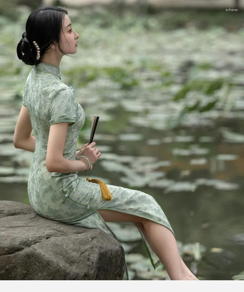 Etnische Kleding Vrouwen Groene Cheongsam Korte Mouw Zachte Vintage Lange Jurk Slanke Trouwkostuums Chinese Traditionele Elegante Qipao S Tot XXL