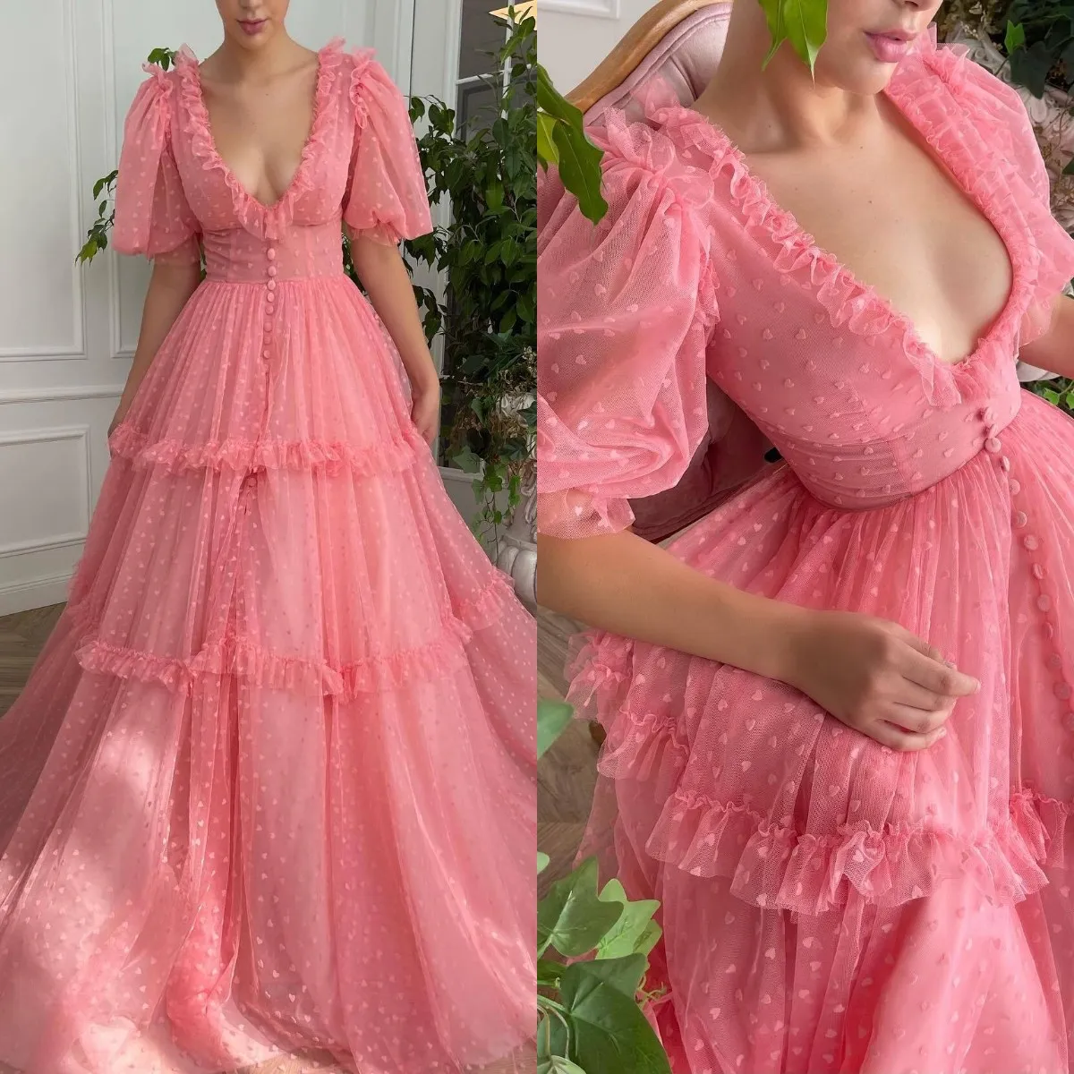 Sexy Pink Prom Dresses V Neck Half Sleeves Lace Evening Gowns Tiered Skirt Semi Formal Red Carpet Long Special Occasion dress