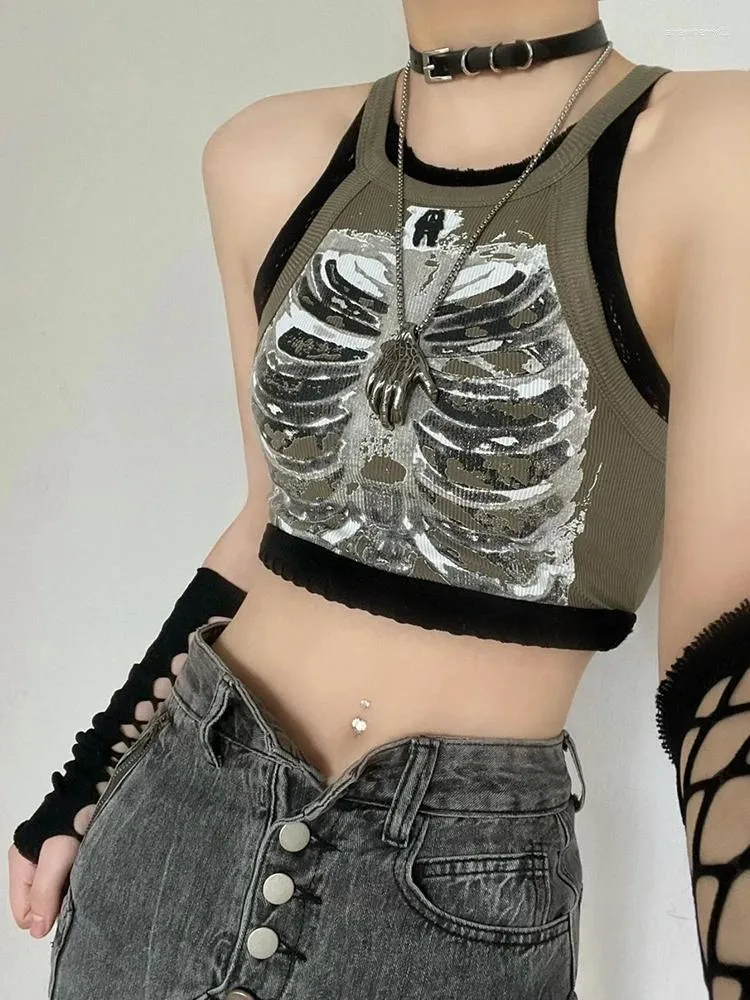 Débardeurs pour femmes Punk Esthétique Y2k Cyber Retro X-ray Skeleton Print Gilet sans manches Grunge ArmyGreen Crop Top Vêtements de créateurs