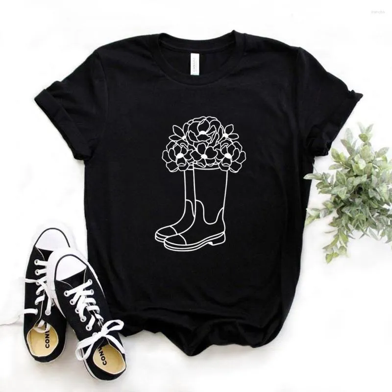 Kadın Tişörtleri Çiçeklerle Yağmur Botları Baskı Kadınlar Tshirts Pamuk Pamuklu Komik Gömlek Lady Yong Kız Top Tee Hipster T544