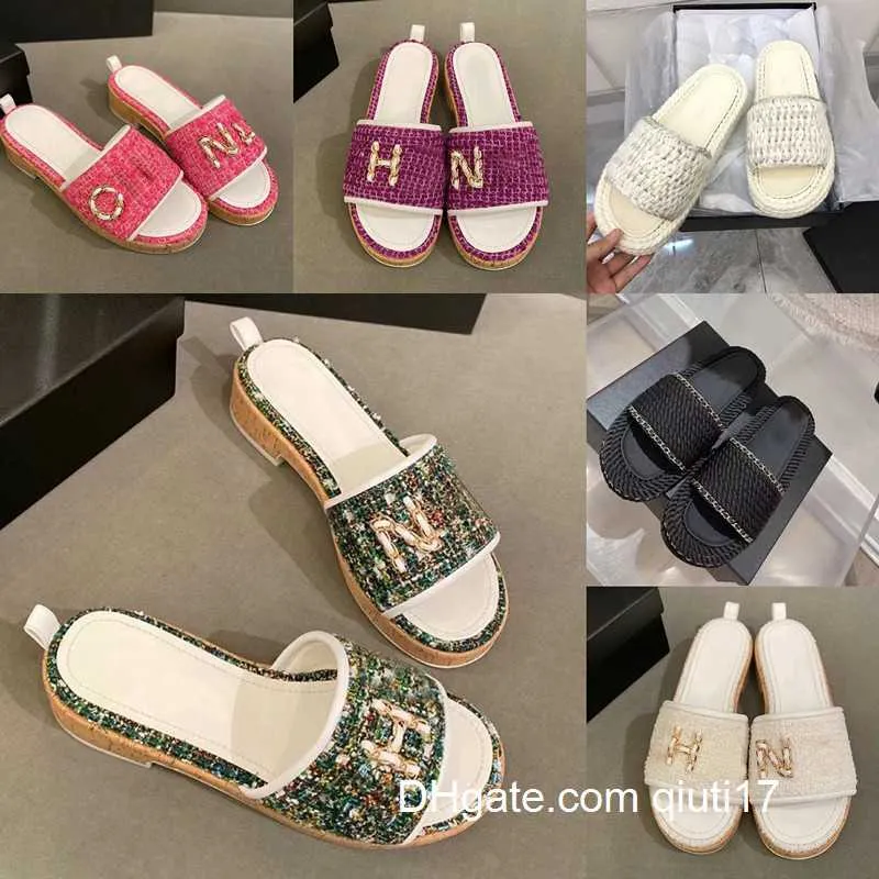 Sandales livraison gratuite chaussures sandales d'été luxuy femmes plage Tweed cuir Str tissé diapositives sans lacet Wedge qiuti17