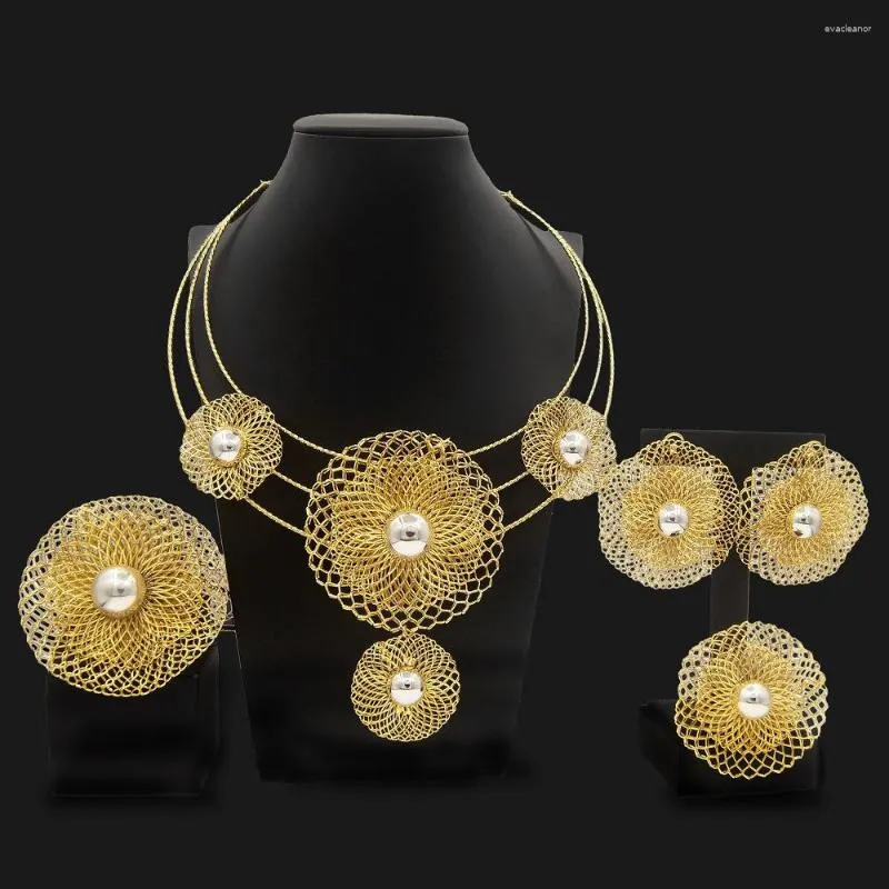 Collier boucles d'oreilles ensemble bijoux de mariage mariée de dubaï 24k plaqué or fleur pendentif Bracelet anneau africain pour les femmes