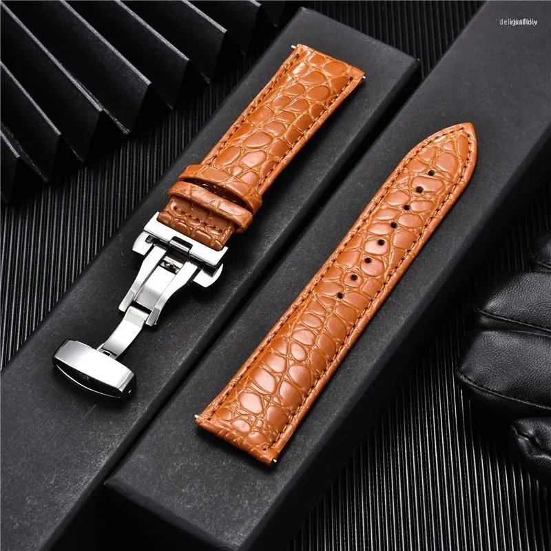 Pulseiras de relógio com padrão de crocodilo, pulseira de couro, 22 mm, 20 mm, 18 mm, 24 mm, fivela borboleta, fecho de aço inoxidável, pulseiras