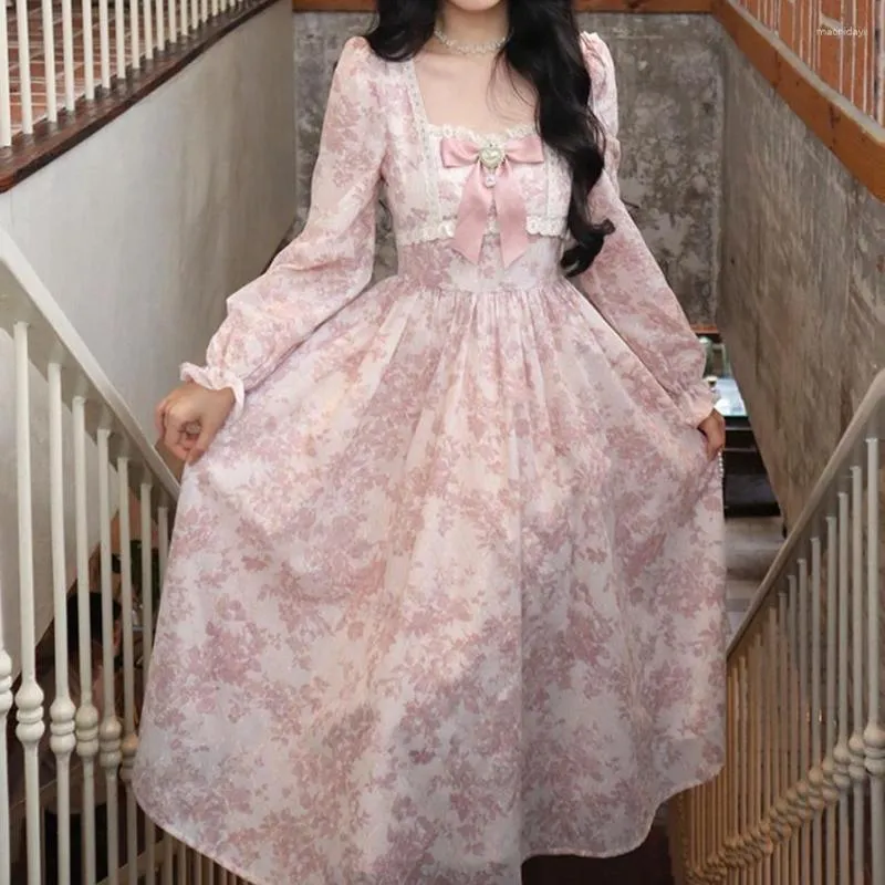 Casual Kleider 2023 Frühling Herbst Frauen Fee Kleid Quadrat Kragen Rosa Gedruckt Bogen Hohe Taille Floral Feminine Midi Damen