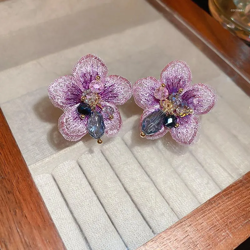 Pendientes de tuerca a la moda de algodón redondo para mujer, tela de cristal Vintage, flor ligera de lujo, joyería femenina morada