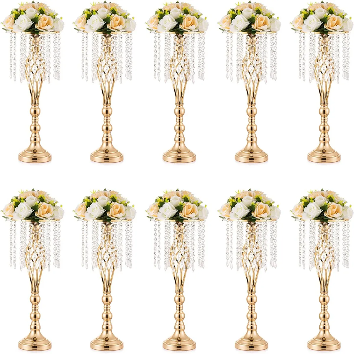 vaso de suporte de flores de lustre mental de lasca de casamento Vaso de ouro peça central para peças centrais de casamento Decorações de mesa com cristais de lustre,