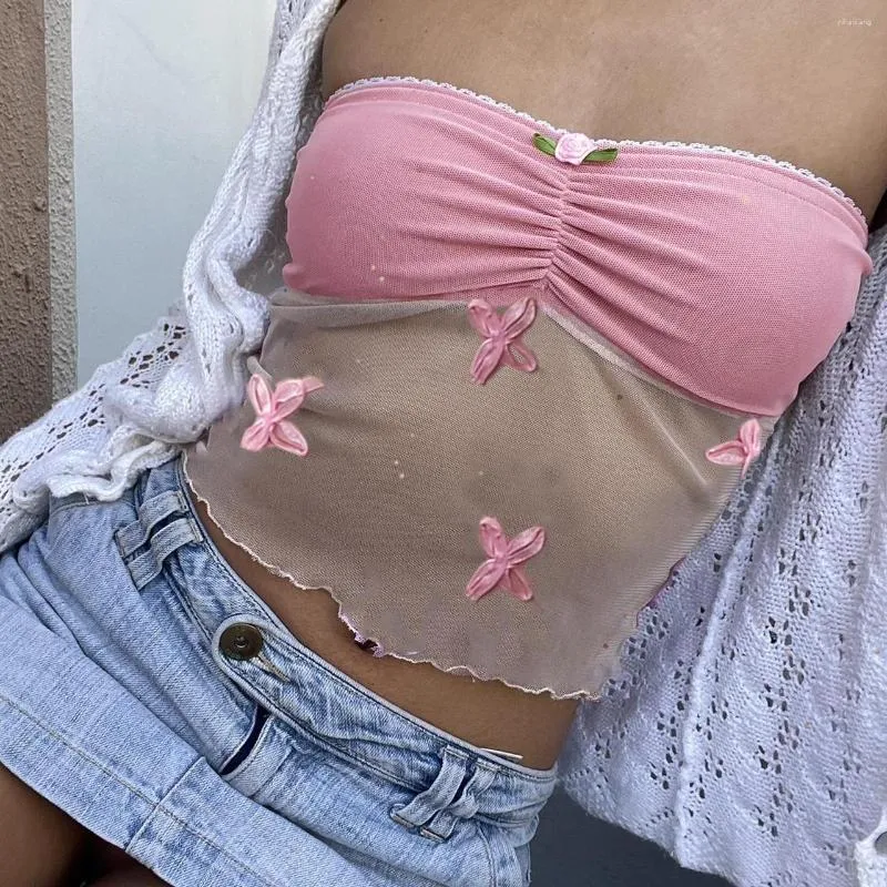 Canotte da donna Motivo floreale Maglia Velata Patchwork Crop Top Anni 2000 Retrò Più carino Rosa Senza spalline Canotta Fata Y2K Fascia toracica Senza schienale Tubo