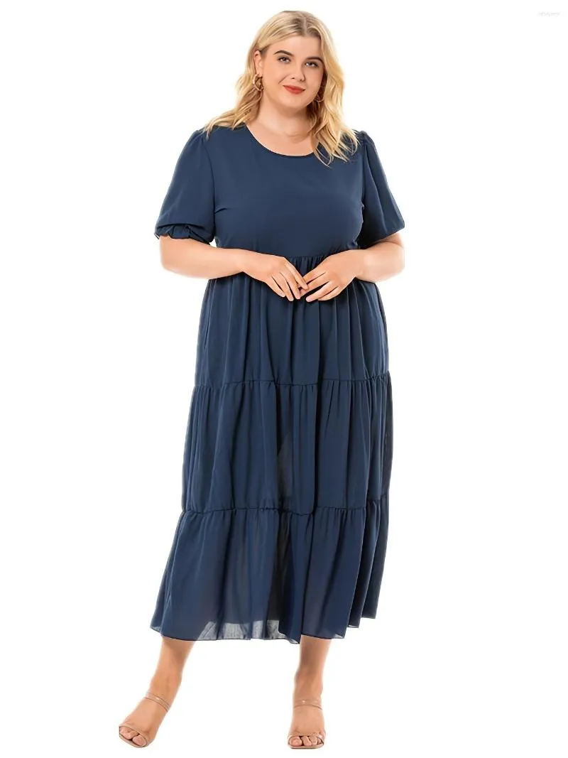 Plus Size Dresses Solid Color Layered Pleated Cami Dress Women's Elegant Short Sleeve Long