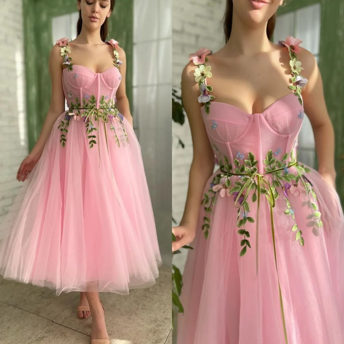 Mode Roze Homecoming Jurken Spaghetti Bloem Blad Applicaties Lente Prom Party Jurk Enkellange Homecoming Jurk Een Lijn