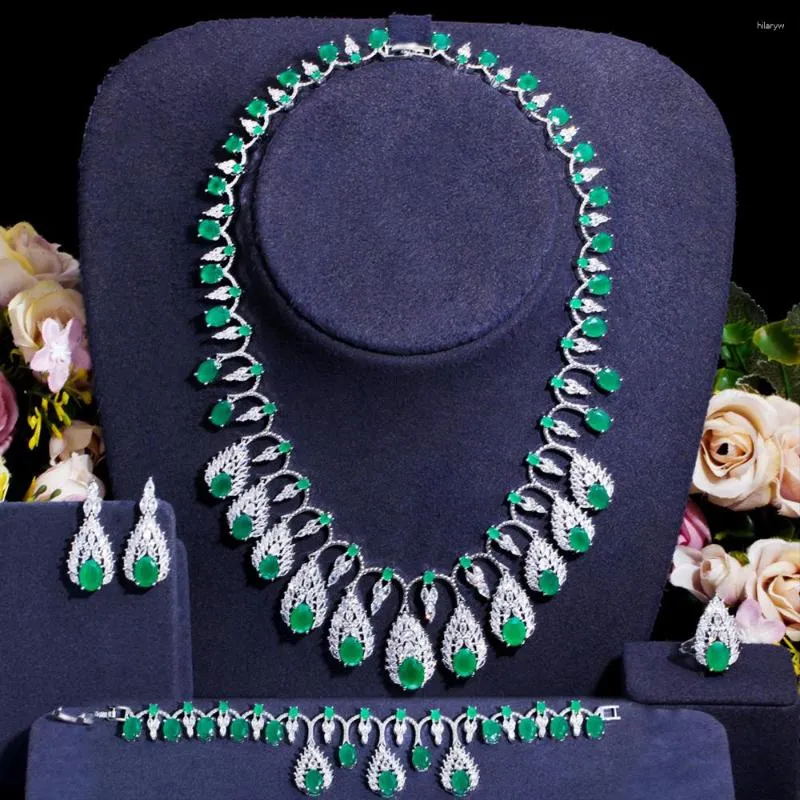 Collier boucles d'oreilles ensemble BeaQueen 4 pièces mariage de luxe bijoux de mariée travail lourd Zircon cubique vert et bijoux pour dames JS302