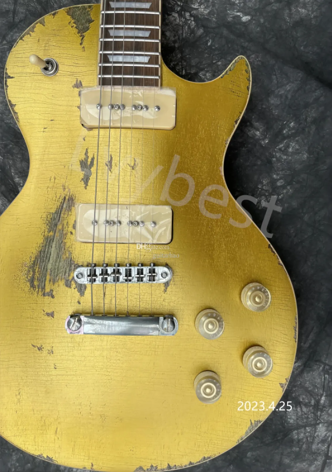 L Style Electric Guitar with Gold Top Finish Natural Back and Cream P90 Pickups