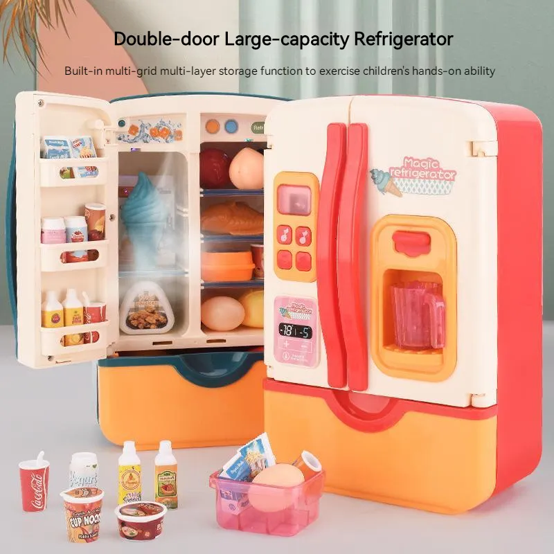 Kitchens Play Food 30/39pcs Children Double Door Role Play Fridge Toy Magic Spray Refrigerator Educational Simulation Kitchen Toy Kid Birthday Gift 230621