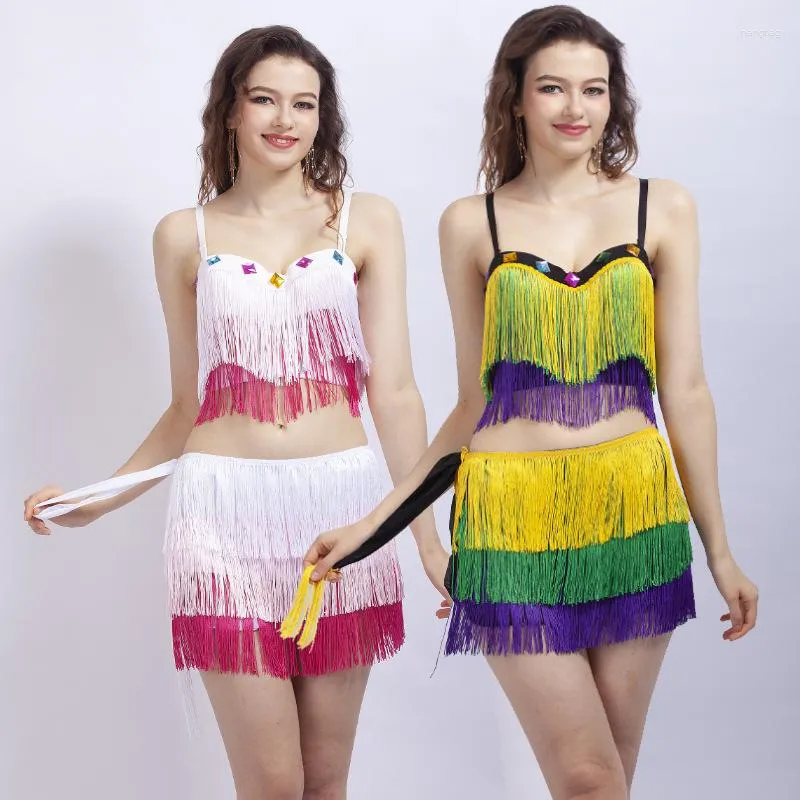 Abbigliamento da palcoscenico Ragazze Donne Danza del ventre Latino Set Top Gonna nappa Frangia Sala da ballo Salsa Tango Rumba Festival Rave Costume da ballo