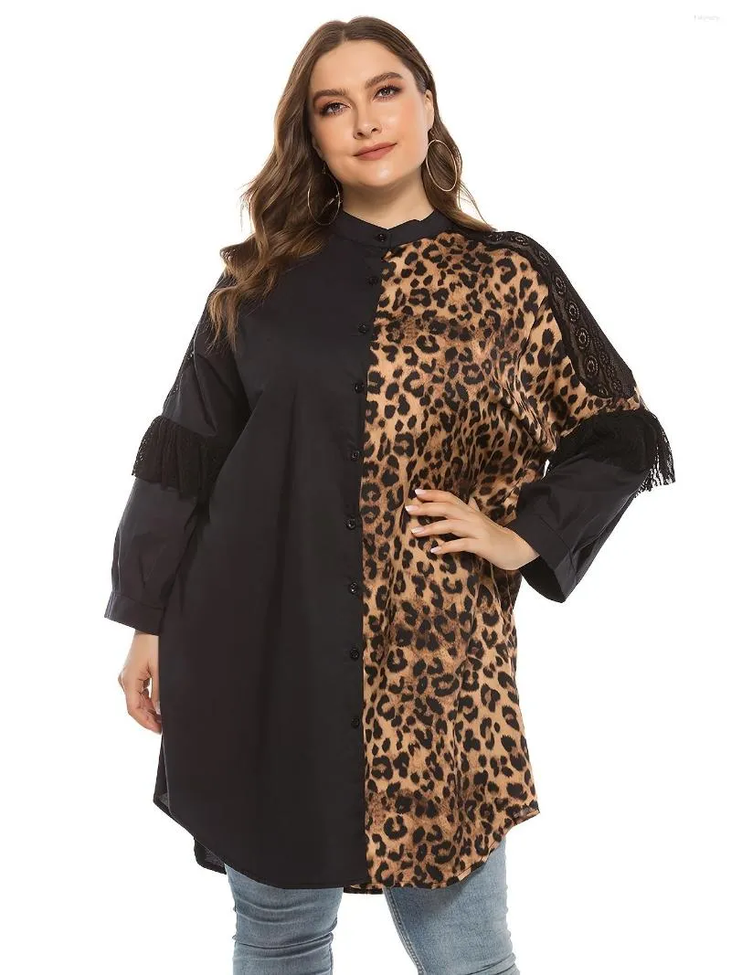 Plus -klänningar Kvinnor Colorblock Leopard Print Lace Decor Långärmad klänningsknapp Front Midi