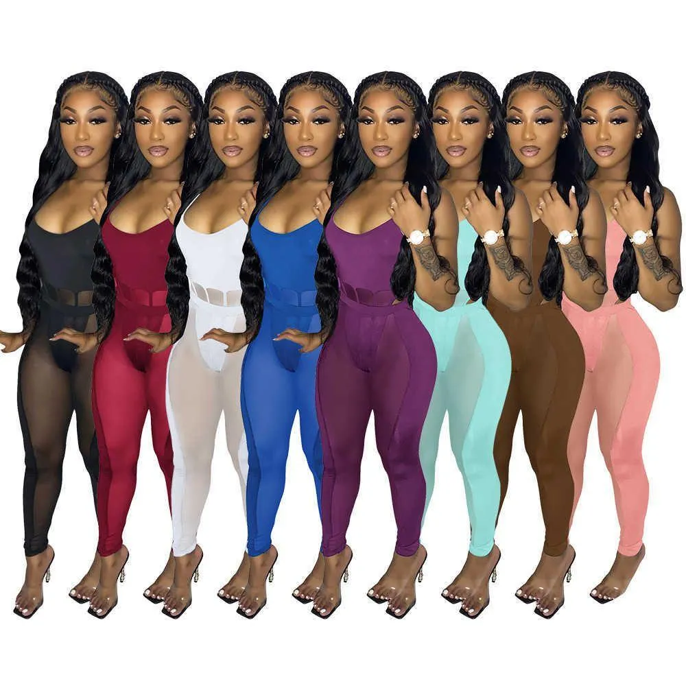 Women'S Jumpsuits Rompers Womens Dress Mesh Splice Sling Sexy Hollow Out Nightclub Perspective Two Piece Set Clubwear Drop Deliver Dhgmz