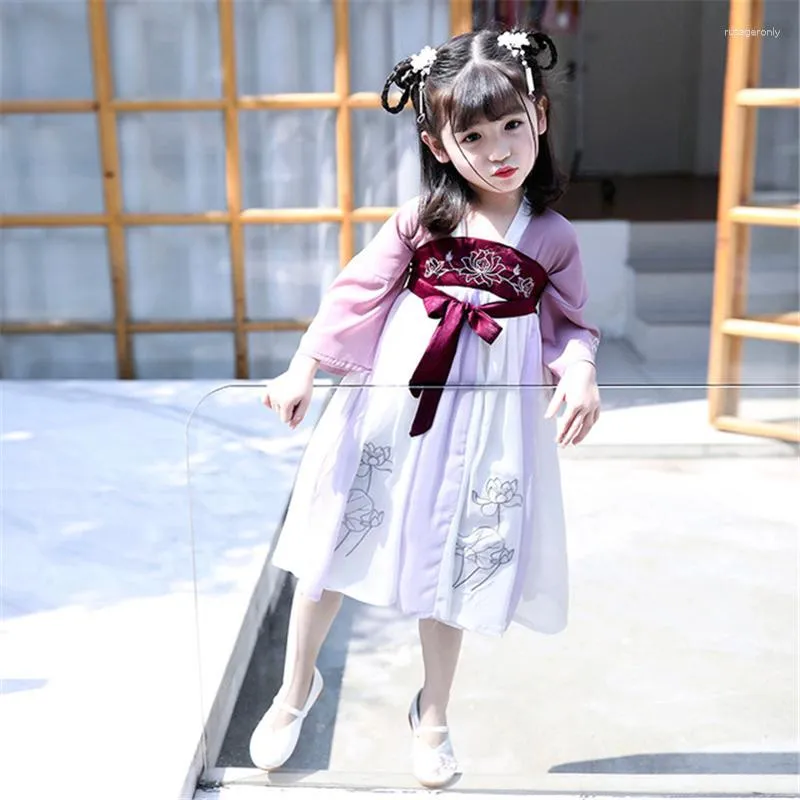 Abbigliamento etnico Hanfu Girl Abbigliamento per bambini in stile cinese Baby Tang Suit Costume piccolo Abito da sera viola dolce e adorabile 2023