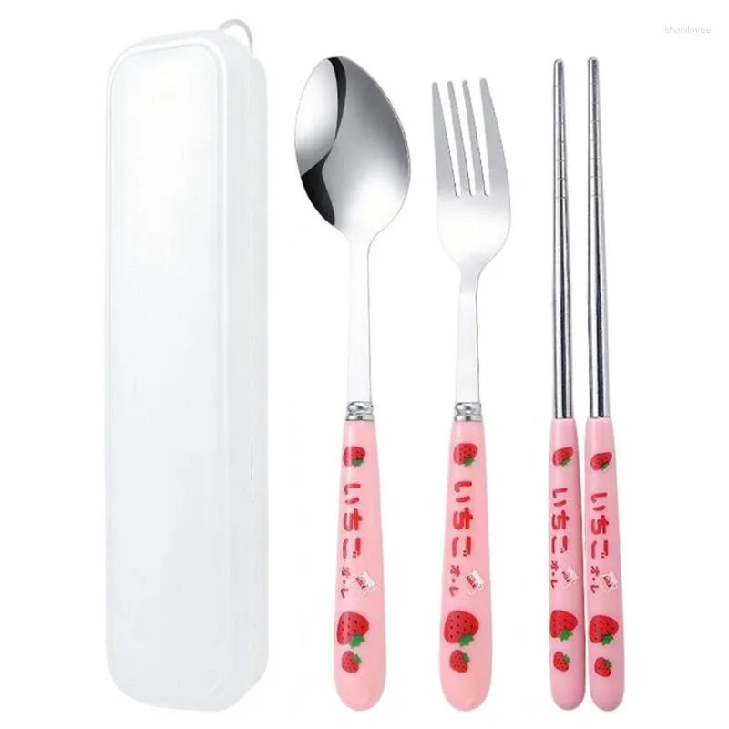 Dinnerware Sets Camping Utensils Set Cute Stainless Steel Chopsticks Spoon Fork Cutlery 3 In 1 Travel Tableware With Case For