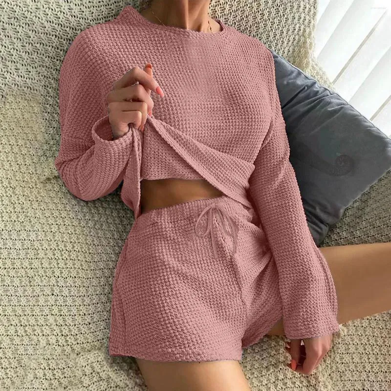 Survêtements pour femmes Femmes Pyjamas tricotés Costume Haut à manches longues et shorts avec tenue décontractée Sports Loose Comfy Loungewear