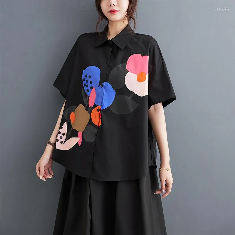 Dames Blouses Japanse Stijl Turn-down Kraag Print Bloemen Losse Zwart Wit Zomer Blouse Tops Street Fashion Vrouwen Casual Shirts