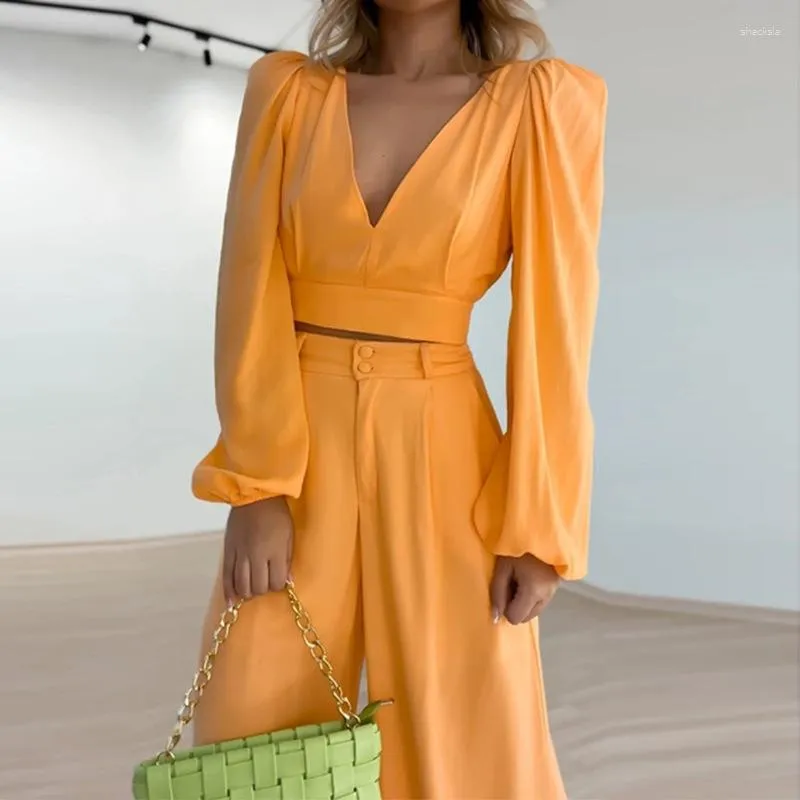 여자 2 피스 바지 2023 가을 제품 V- 넥 긴 소매 짧은 셔츠 하이 허리 와이드 다리 슬림 패션 캐주얼 세트