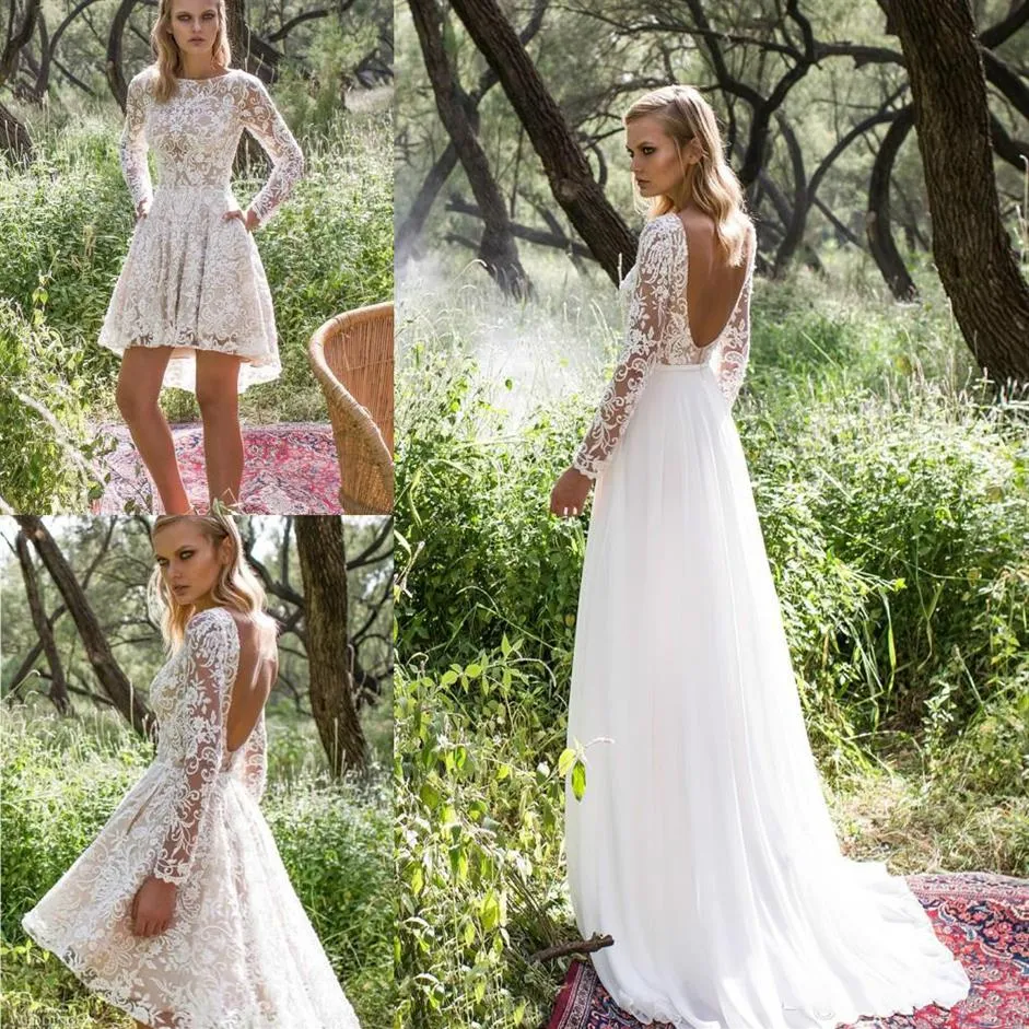 Vintage koronkowe sukienki ślubne z odłączoną spódnicą z długim rękawem aplikacje z koralikami Kolan Długość sukienka ślubna Linia bez pleców Bridal G284F