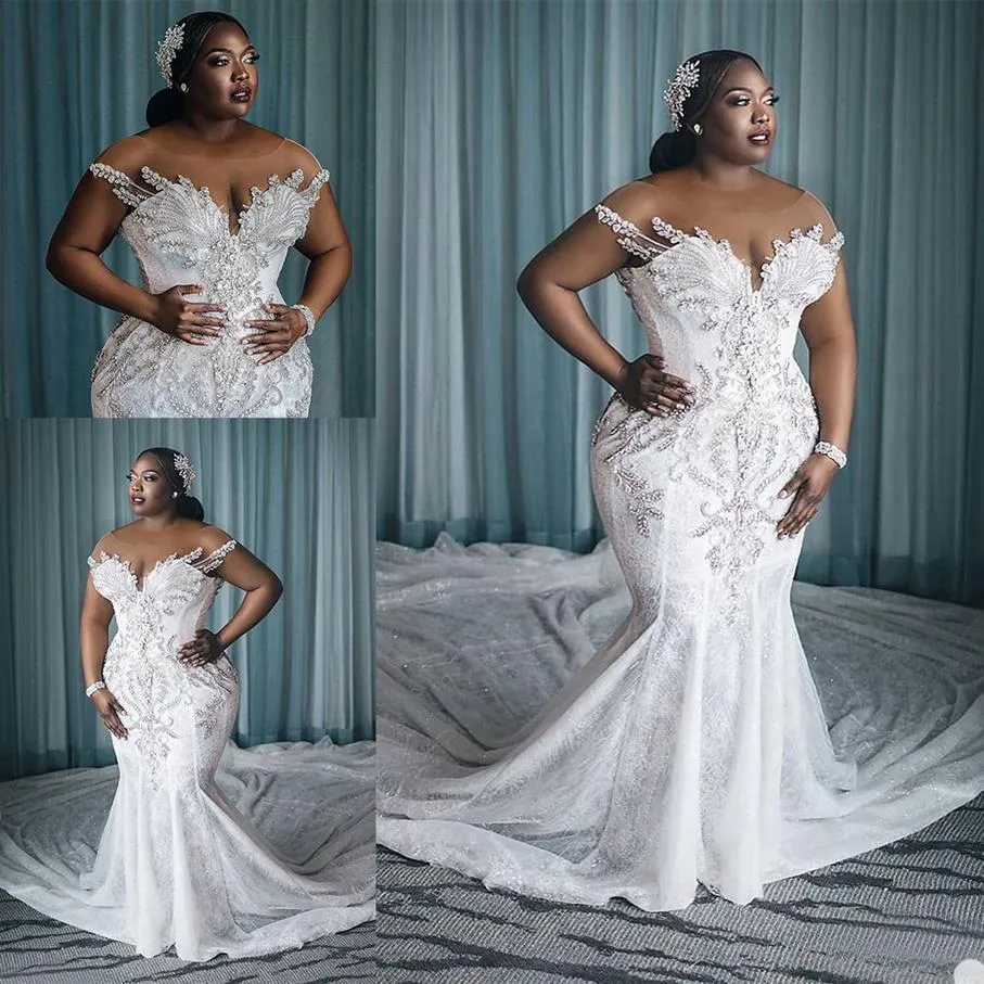 Abito da sposa taglie forti vestido de novia Abiti da sposa a sirena in cristallo africano con scollo a barchetta lungo Abiti da sposa su misura280k