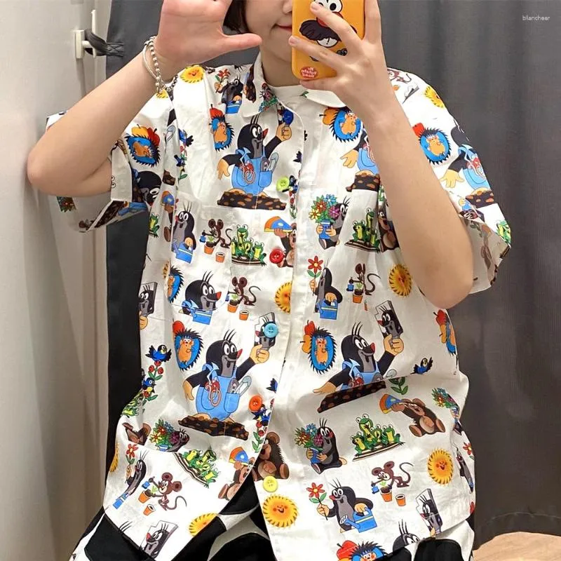 Blusas femininas Japan Kawaii Fairy Cartoon Mole Cute Button Up Shirt For Men Women Tees Short Sleeve Tops Summer Beach Style Loose Large