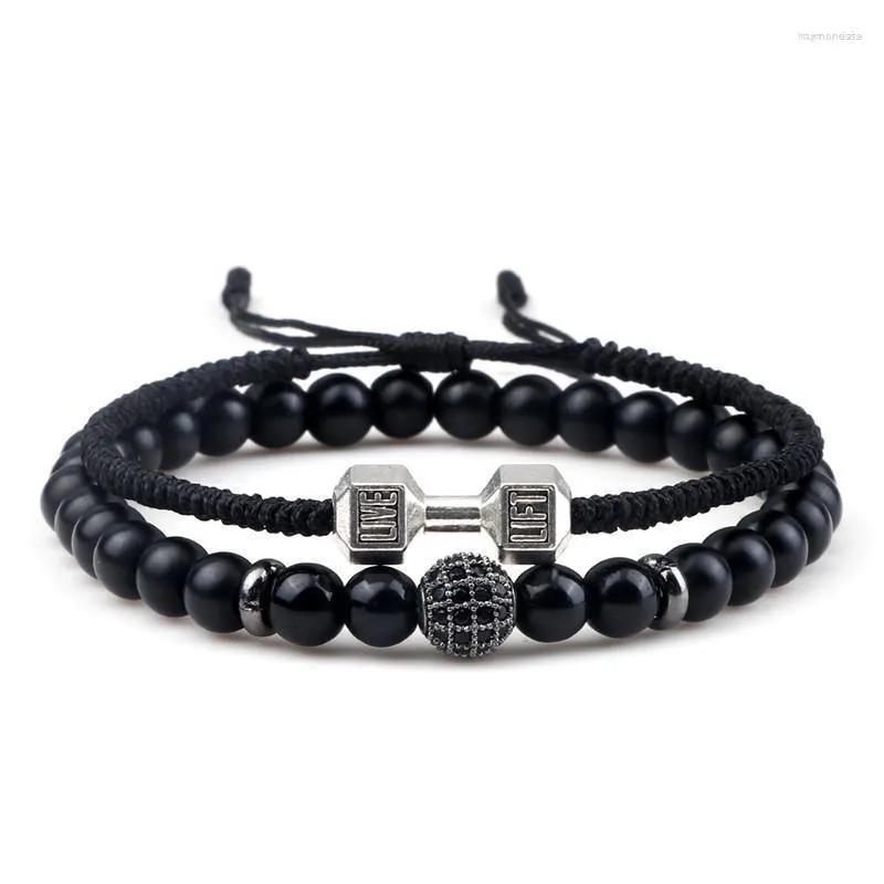 Fios com miçangas 2 pçs/conjunto pulseira masculina 6mm charme natureza pedra ônix haltere trançado haltere fio pulseiras feminina barra fitness joia Raym22