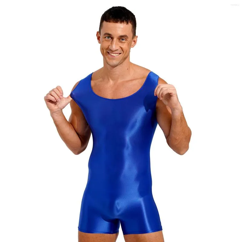 Roupa de banho feminina Maiô masculino Traje mankini brilhante elástico sem mangas decote em U regata macacão macacão bodybuilding fitness