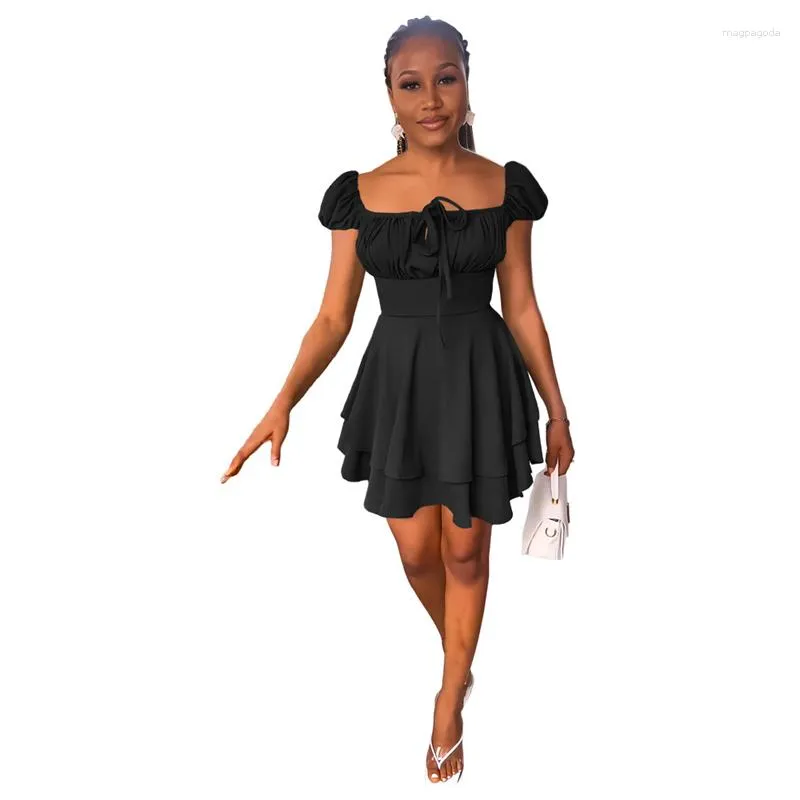 Ethnische Kleidung 3 Farben Square Neck Damen Pendler Stil Sommer Hohe Taille Mini A-Linie Kleid Einfarbig Slim Fit für Afrikanische Frauen 2023