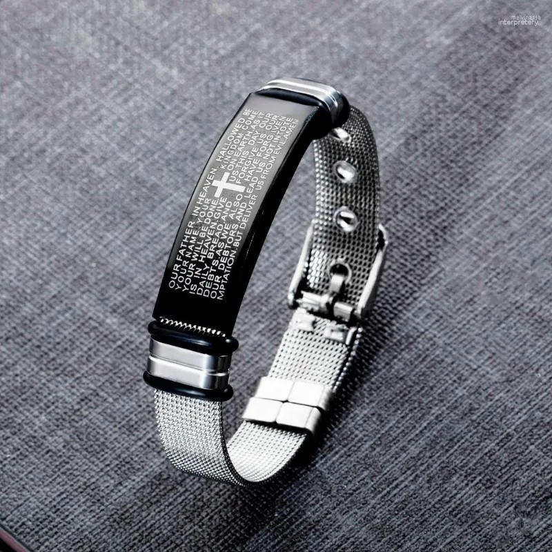 Pulseiras de link moda de aço inoxidável malha de cruz bíblica pulseira pulseiras para homens preto charme pulseira jóias presente do menino