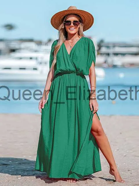 Orange Surplice Ruched V Neck Maxi Dress For Women Sexy